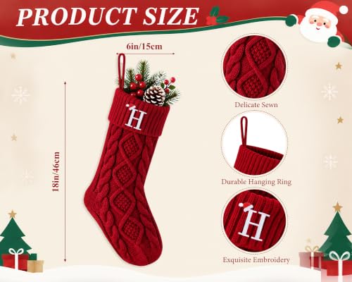 Red Knit Christmas Stocking with Initial H - 18 Inch Fireplace Decor