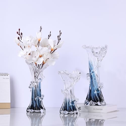 Oiruim Large Hand Blown Blue Glass Vase Ocean Wave Design - Coastal Home Decor