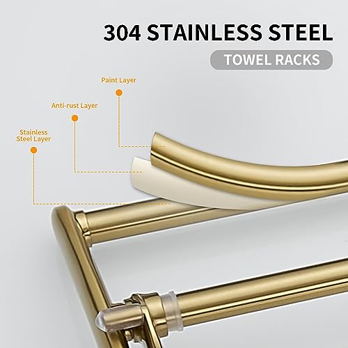 Wall Mounted Brushed Gold Towel Rack with Foldable Bar Hooks - Bathroom & Bedroom Use