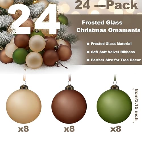 Soulchen 24-Pack 3.15 Inch Neutral Frosted Glass Christmas Ornaments - Beige, Light Brown, Green, Vintage Rustic Style