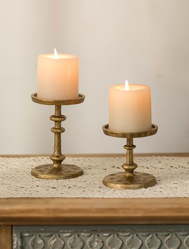 NUPTIO Gold Cast Iron Candle Holders Set - Antique Brass Pillar Candle Stands