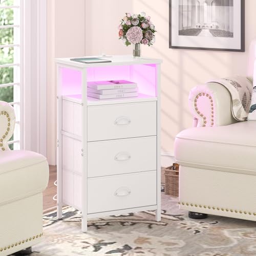 Sthmec White Nightstand with Charging Station, 3 Drawers & LED RGB Light