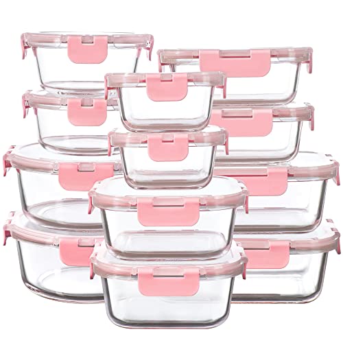 Pink Glass Food Storage Containers Set - Leak-Proof Meal Prep with Lids, 12-Pack