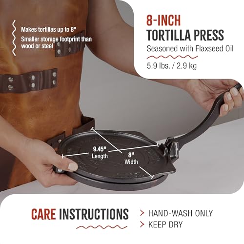 8-Inch Cast Iron Tortilla Press with Seasoned Flaxseed Oil - Heavy Duty Durable Dough Maker