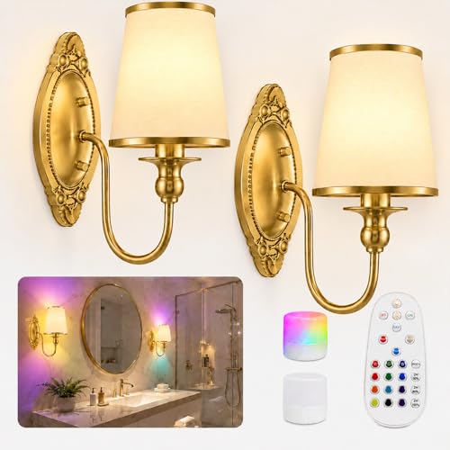 Battery Operated Wall Sconce - 12 RGB Colors & Dimmable, Gold - Wireless