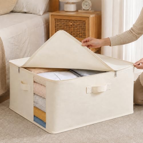 TomVista 3-Pack Beige Cotton Canvas Storage Bags 70L with Clear Window - Space-Saving Closet Organizer