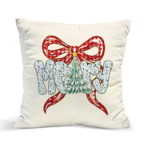 Christmas Bow Pillow Cover 18x18 Inch, Red Ribbon Tree Throw Pillow,
