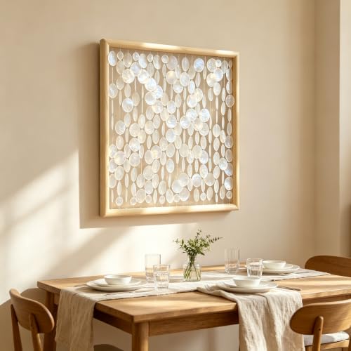 DHHOUSE 24x24 inch Handmade Capiz Shell Wall Art, Minimalist White