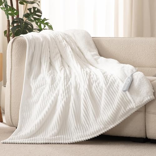 Reaks White Heated Throw Blanket 50x60in with 5 Heat Levels & Auto-Off