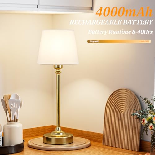 White and Gold Cordless Rechargeable Table Lamp - 15.8in Empire Shade