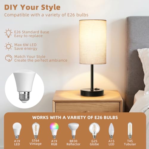 ZJOJO Set of 2 Bedside Table Lamps with Flaxen Fabric Shade & Black Base, 13.8 Inch Nightstand Lamps for Bedroom