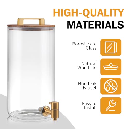 Glass Drink Dispenser Set with Wood Stands - 1.5 Gallon Beverage Dispenser for Parties & Daily Use