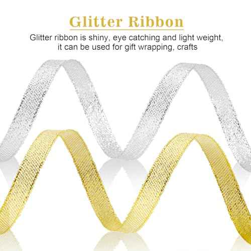 Gold and Silver Glitter Ribbon 3/8 Inch 100 Yards Thin Sparkly Fabric for Gift Wrapping, Presents, Crafts, Christmas Holiday Wedding Birthday Party Decoration