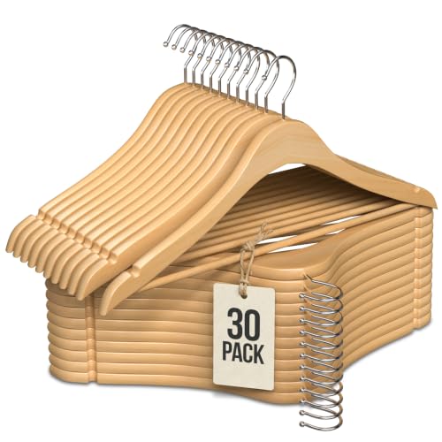 Wooden Hangers 30 Pack - Slim Suit & Closet Organizer Hangers - Natural