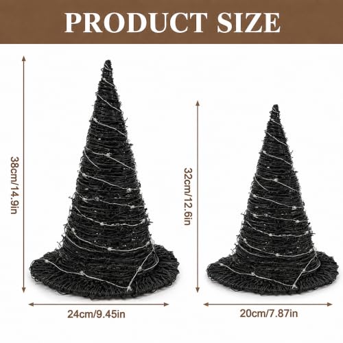 2Pcs Halloween Rattan Witch Hat Table Decor with String Lights - Party Centerpieces