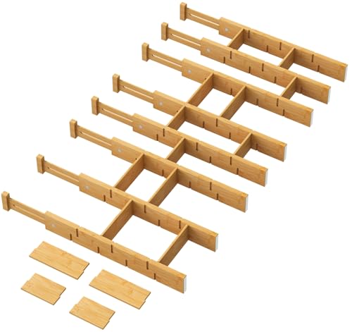 Adjustable Bamboo Drawer Dividers - 8 Pack, Expand from 18 to 22.6 Inches, Non-Slip Silicone Ends, Natural