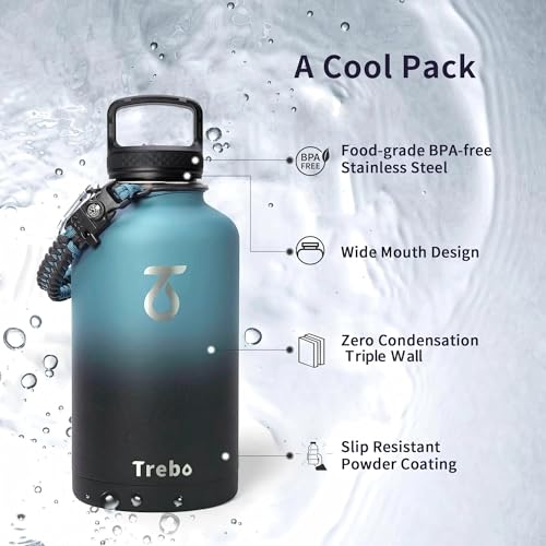 Indigo/Black 64 oz Stainless Steel Water Bottle with 3 Lids, Paracord Handle & Carrying Bag
