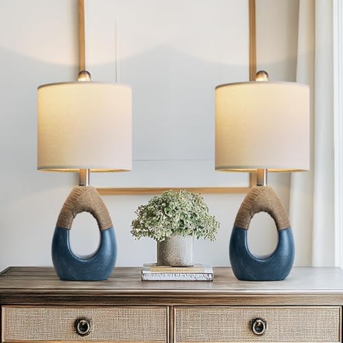 Boho Bedside Table Lamps Set of 2 - Brushed Blue, Small Space Coastal Farmhouse Style