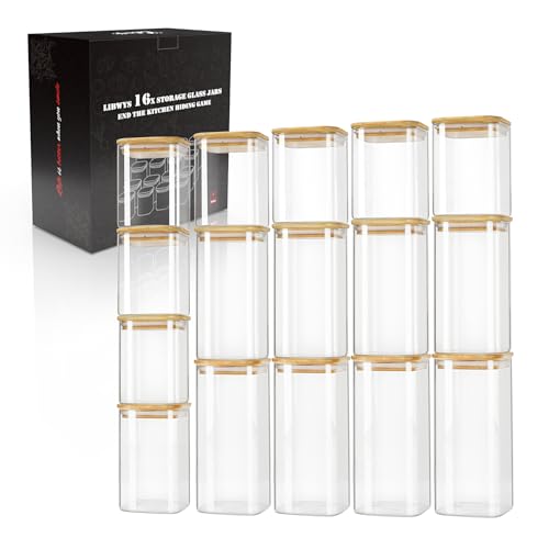 LIBWYS 16-Pack Square Glass Storage Jars with Bamboo Lids, 0.6Qt & 1.06Qt, Rectangular Set