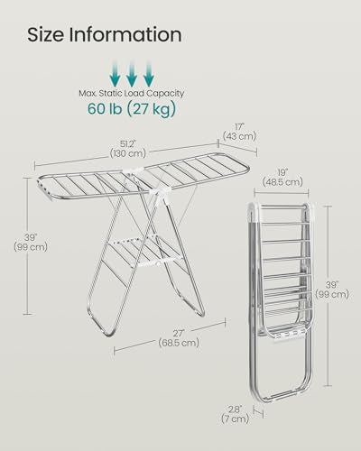 SONGMICS Foldable Metal Clothes Drying Rack White 51.2" W x 39" H, Adjustable Wings, Heavy Duty, Space-Saving Laundry Organizer