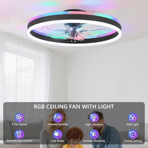 RGB Ceiling Fan with Light - Black Low Profile Flush Mount, Remote & App Control