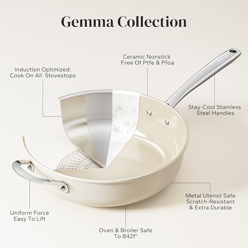 Redchef Ceramic Saute Pan with Lid - 5QT Nonstick Deep Frying Pan, 11 Inch, Beige