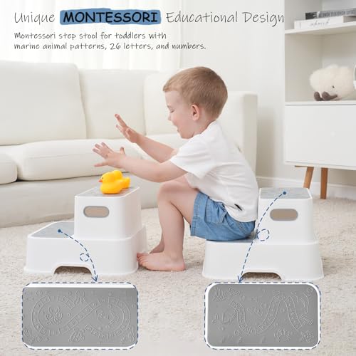 Grey & White Toddler Step Stool for Bathroom Sink & Potty Training 2-Pack - Kid-Friendly Plastic Boosters with Faucet Extenders