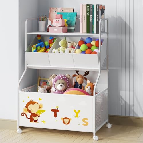 BBLIKE White 3-in-1 Kids Toy Storage Organizer with Wheels, Large Toy Chest & Shelves
