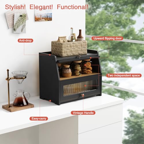 Goozii Black Large Double Layer Bread Box for Kitchen Countertop & Pantry Storage