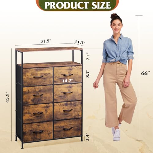 WLIVE Rustic Brown Fabric Dresser with 8 Drawers & Open Shelves - Stable Storage