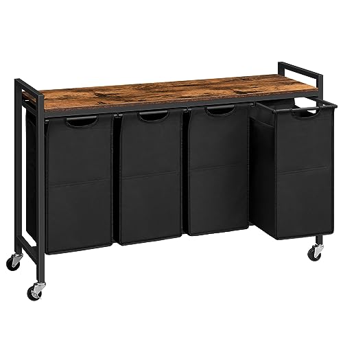Rustic Brown & Black 4-Section Laundry Sorter with Wheels - 42 Gal