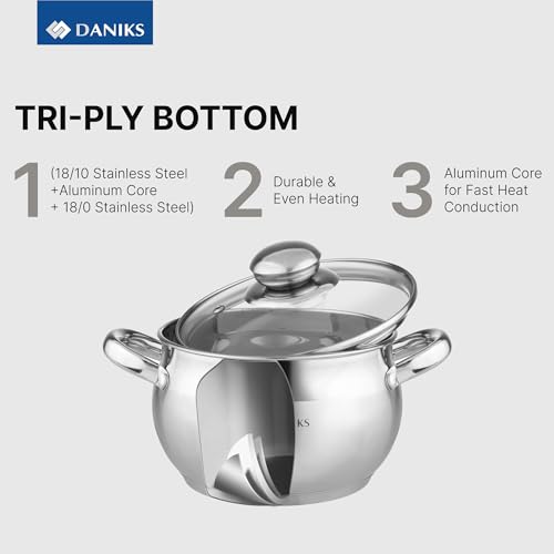 Daniks 6-Piece Stainless Steel Cookware Set with Glass Lids - Induction Compatible