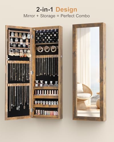 Nicetree Rustic Brown 6-LED Wall Jewelry Mirror Cabinet with Lock & Storage
