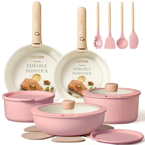 Pink 19-Piece Non-Stick Cookware Set with Detachable Handles - Space-Saving Design
