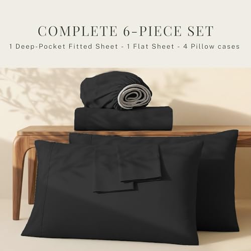 Deep Pocket Queen Sheets Set - Black, 6-Piece, Fits 18-24 Inch Mattress - Extra Deep Bed Sheets with Pillowcases - Hearth & Harbor