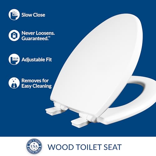 Mayfair Cassel Elongated Slow Close Toilet Seat - Easy Clean Premium Wood, White, Made in USA