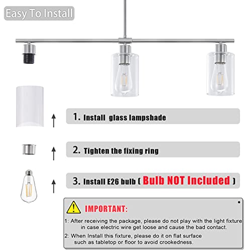 Brushed Nickel 3-Light Kitchen Island Pendant Light with Glass Shades - Adjustable Modern Linear Chandelier