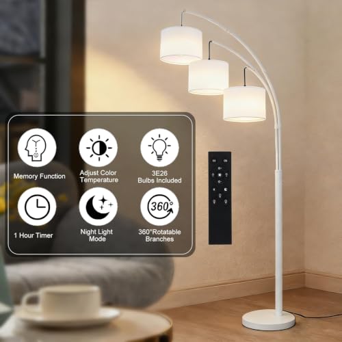 White Dimmable Arc Floor Lamp with Remote Control - Tall LED Standing Light