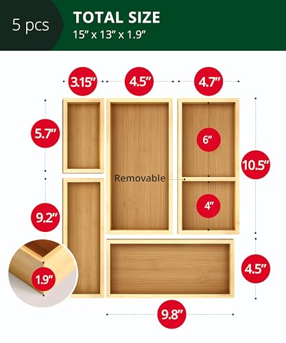 Natural Bamboo Drawer Organizer Set - 5-Piece Multi-Use Storage Bins for Kitchen, Bathroom, Office & Jewelry