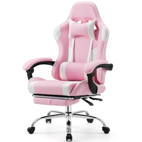Sweetcrispy Pink White Gaming Chair with Lumbar Support & Ergonomic Design