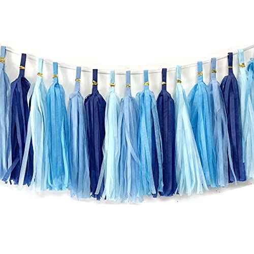 Tissue Paper Tassels Paper Tassels Garland Banner Table Decor Party Tassels Banner Wedding Birthday Baby Shower Nursey Party Decorations Supplies (20, Lt-Blue+Blue+Sky Blue+Royal Blue)