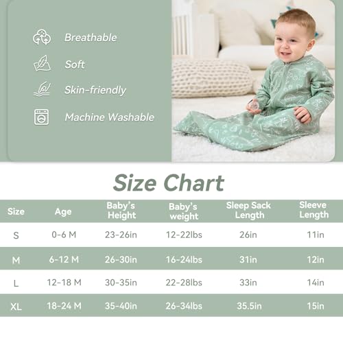FIEMOL Baby Sleep Sack 6-12 Months Green Dinosaur 2-Pack - Long Sleeve Wearable Blanket with Mittens & 2-Way Zipper