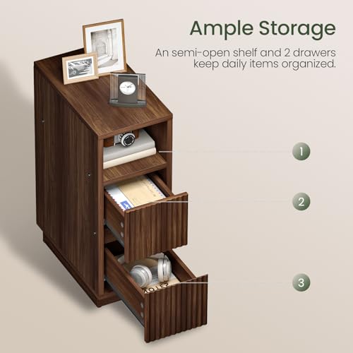 Walnut Fluted Nightstand - Small Bedside Table with Drawers & Shelf - Modern Slim Nightstand - Variation of THIS listing