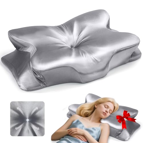 CCidea Silver Grey Cervical Neck Support Pillow with Removable Satin Cover – Ergonomic Memory Foam for Pain Relief & All Sleep Positions
