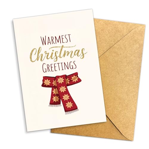 Warm Christmas Greetings Card with Red Scarf & Gold Accents - Holiday Stationery (5.3x8in)