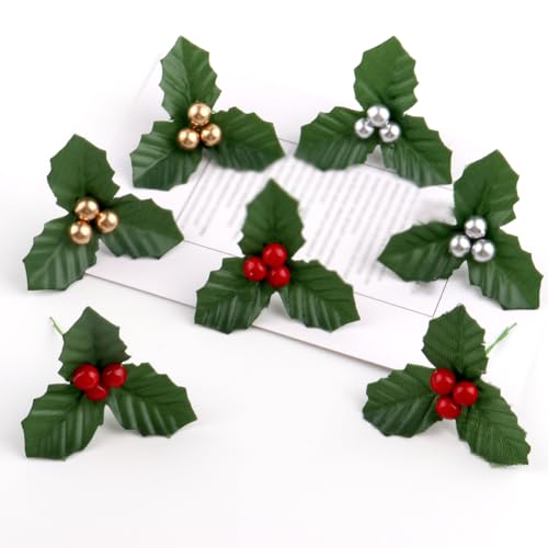 20 Pcs Christmas Holly Berries Faux Berry Flowers with Leaves Xmas Berry Picks Christmas Wreath Branches Christmas Vase Fillers Red