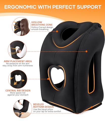 Black Heart-Shaped Inflatable Travel Pillow with Eye Mask & Earplugs - Medium