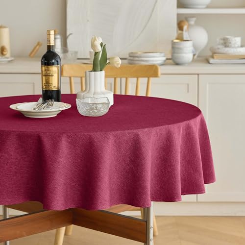 Decorelia Burgundy Waterproof Round Tablecloth for 2-4 Seats, 60 Inch Dining & Holiday Use