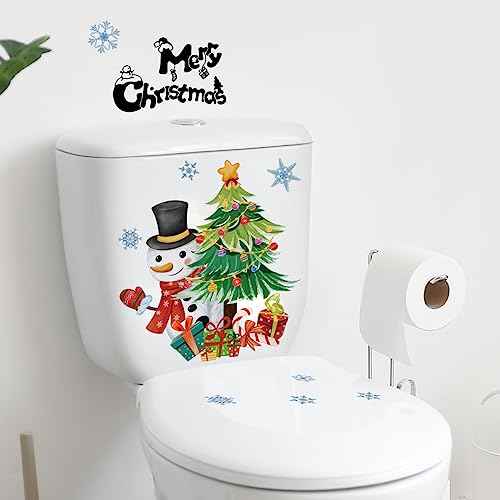 2 PCS Christmas Toilet Stickers Decals, Funny Snowman Xmas Tree Toilet Lid Tank Decals for Bathroom Decoration