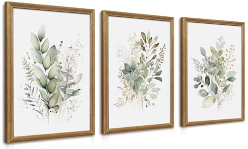 Sage Green Botanical Wall Art Set of 3 - Framed Watercolor Eucalyptus Canvas Prints - 16x12 Inches